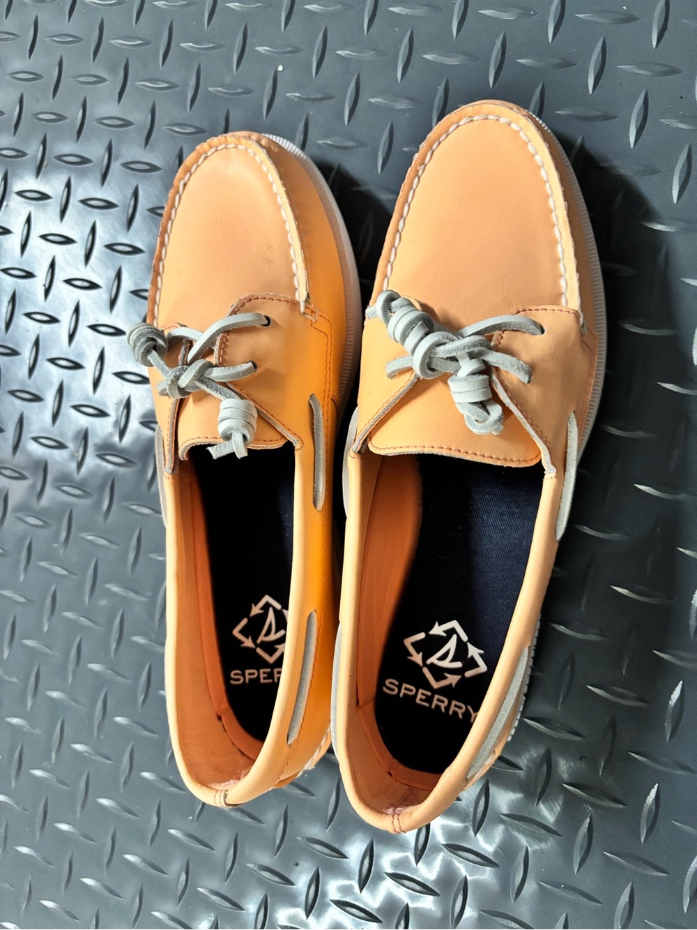Sperry Orange Leather Boat Shoes with Light Gray Laces